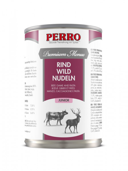 PERRO Premium Menue Junior Hovězí, Zvěřina a nudle 410g